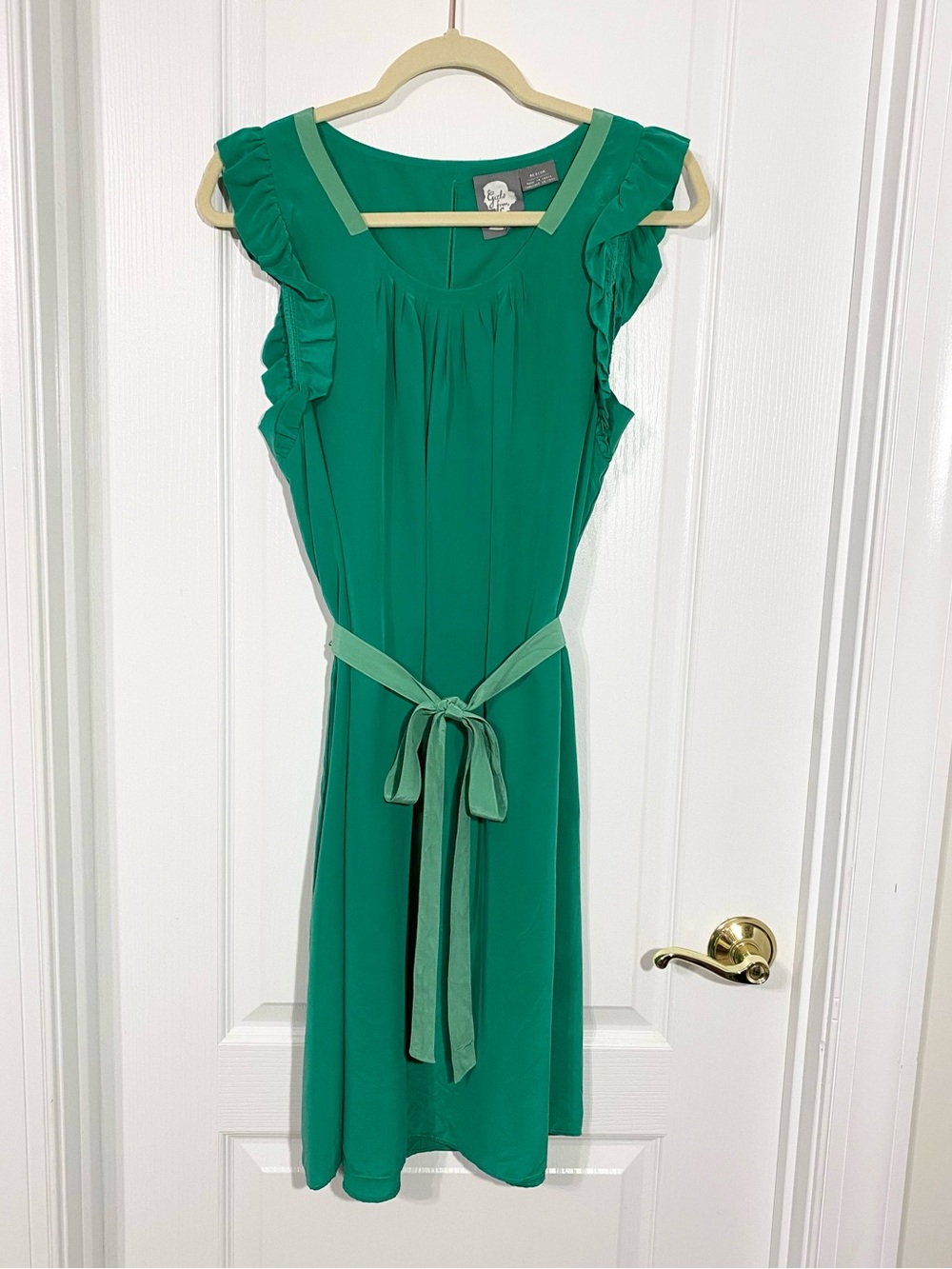 Girls From Savoy SILK Ruffle Sleeve Belted Dress Anthropologie Green Medium